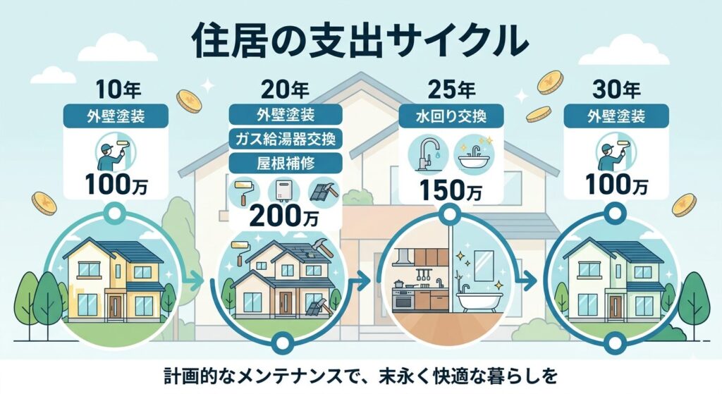 10年　外壁　100万
20年　外壁+ガス交換+屋根補修　200万
25年　水回り交換　150万
30年　外壁　100万